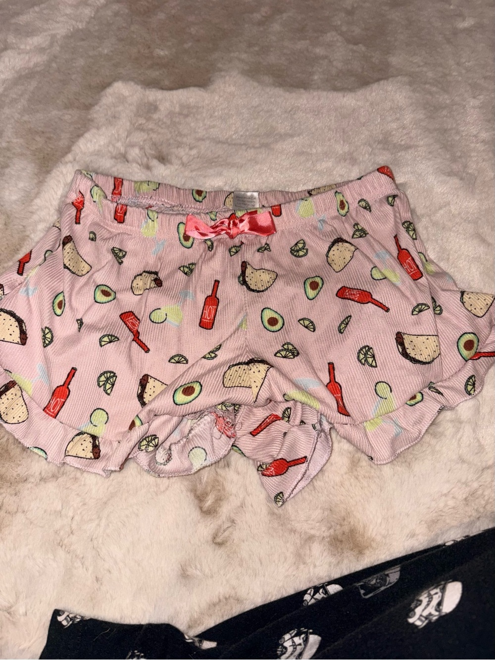 Women's Pink Avocado & Taco Print Ruffle Hem Shorts